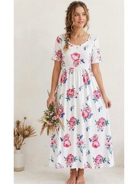 Tickled Teal Scoop Neck Floral Empire Waist Maxi Dress
